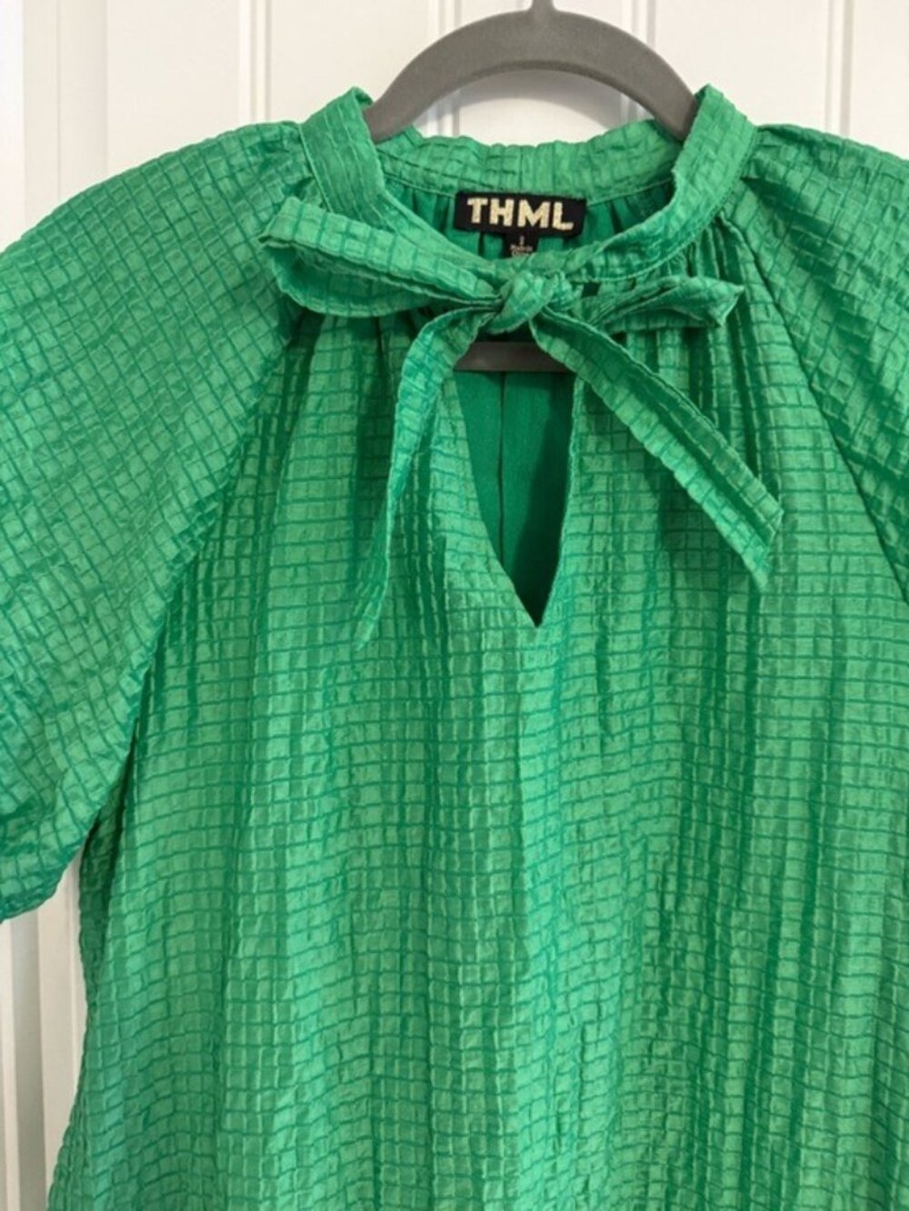 THML Green Textured Mini Dress Small Tie Neck Puff Sleeve Tier Boho Cottagecore - Picture 5 of 12